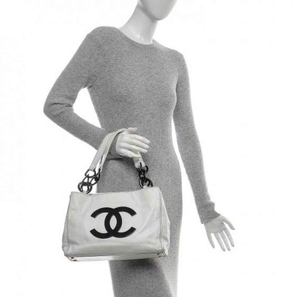 Rare Vintage CHANEL Black and White CC Logo Chain Dual Top Handle Tote - Picture 4 of 16